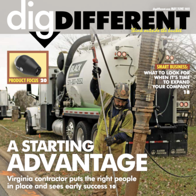 A "dig DIFFERENT" magazine cover featuring a construction worker operating a large vacuum excavation machine.